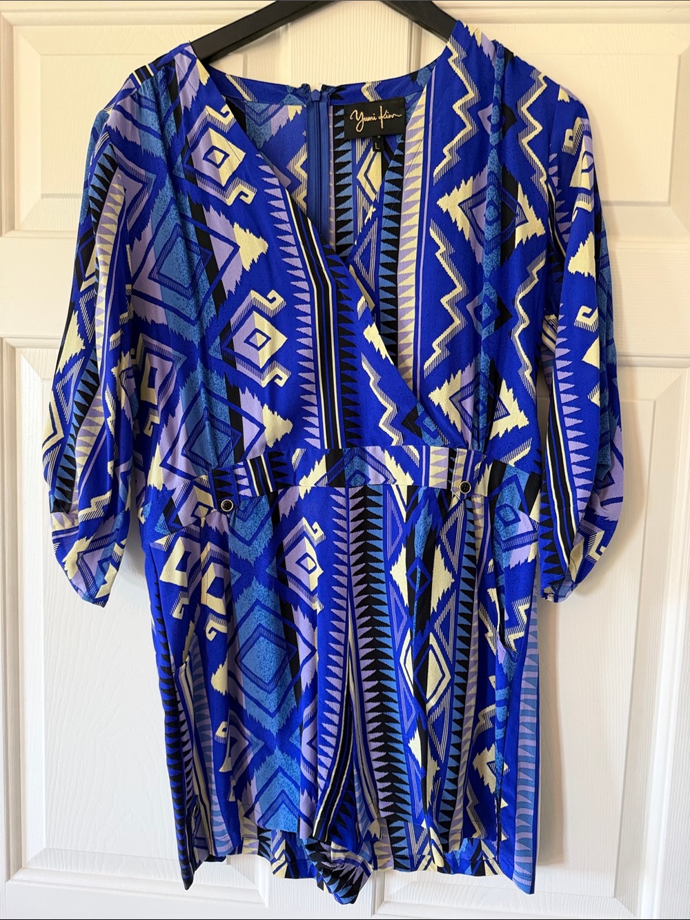 Yumi Kim Blue Geometric Romper with Cream & Black Accents